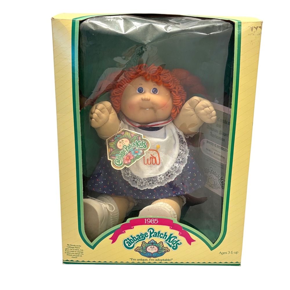 Vintage 1985 Cabbage Patch Kids Doll Red Hair Blue Eyes Dimples Tooth Coleco Box